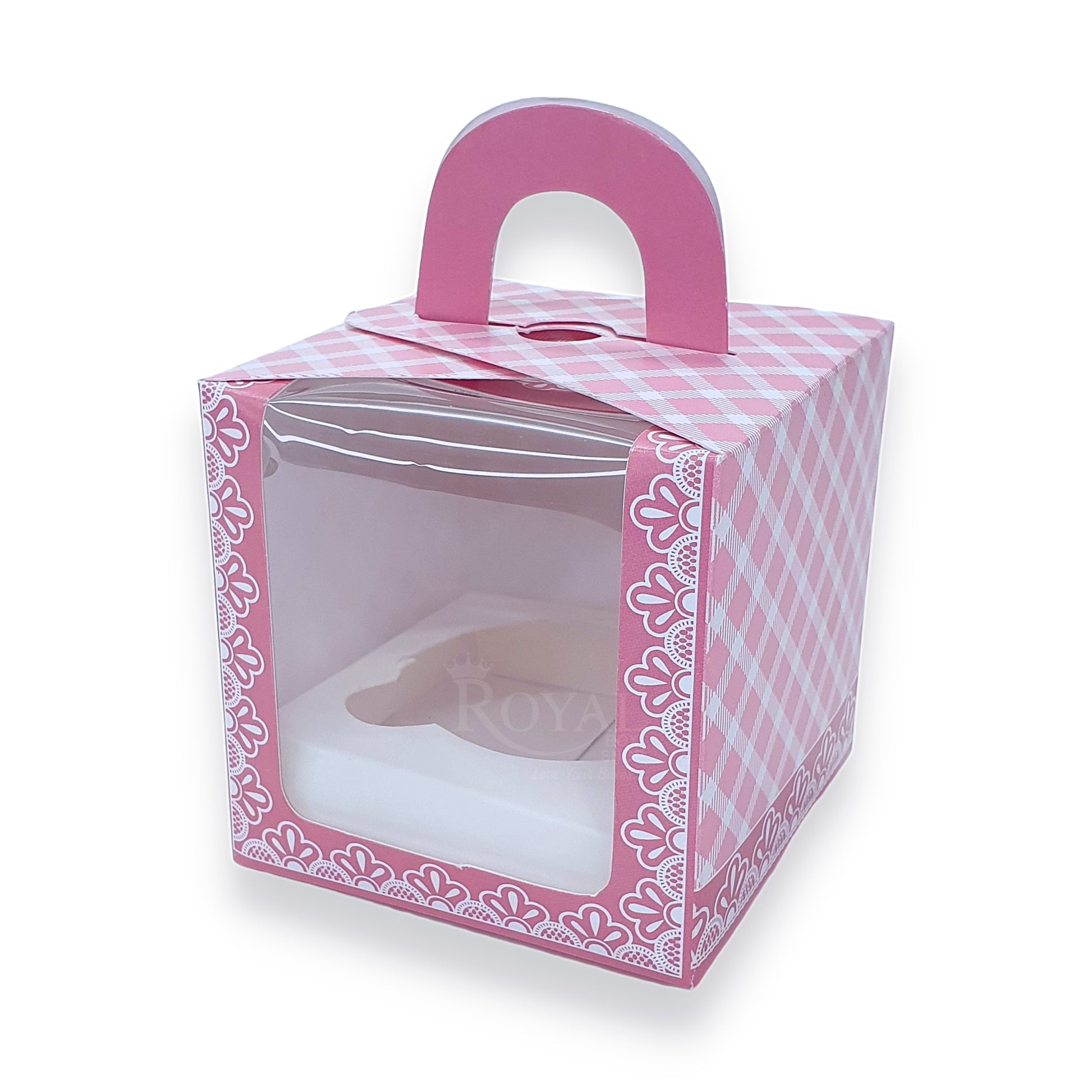 Single Cupcake Box With Window - Size 3.5"x3.5"x3.5" - Pink Check Royal Box Shop