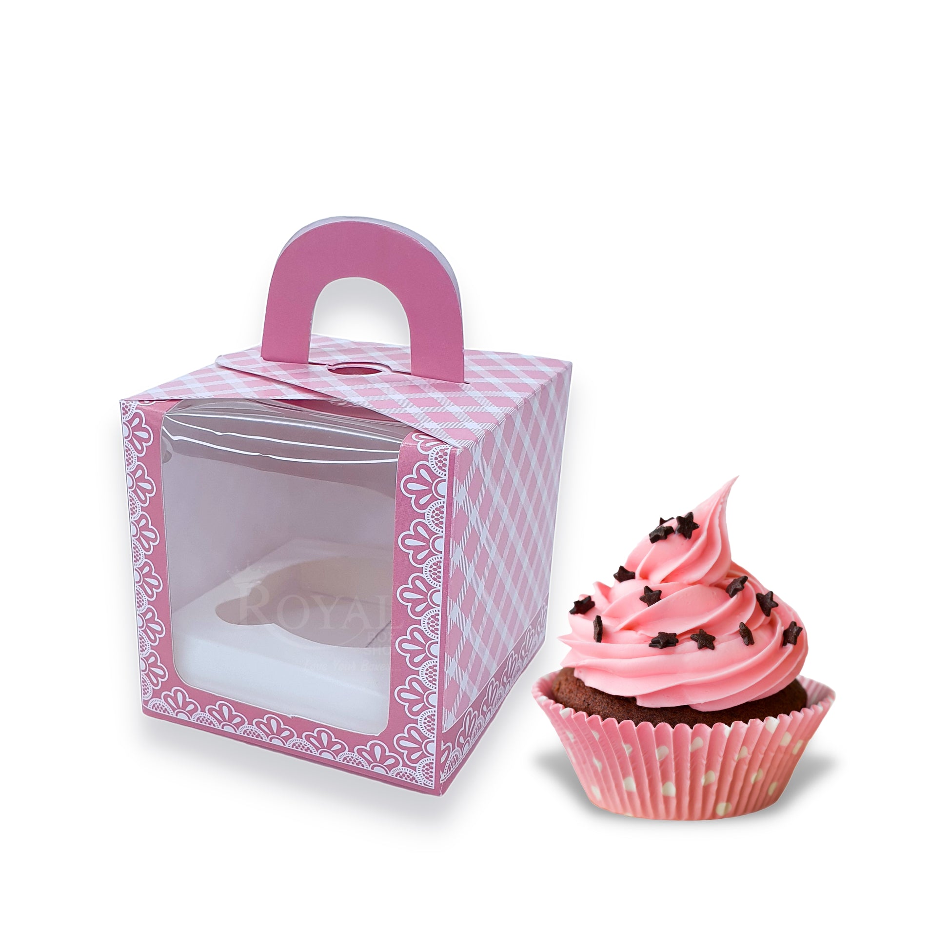 Single Cupcake Box With Window - Size 3.5"x3.5"x3.5" - Pink Check Royal Box Shop