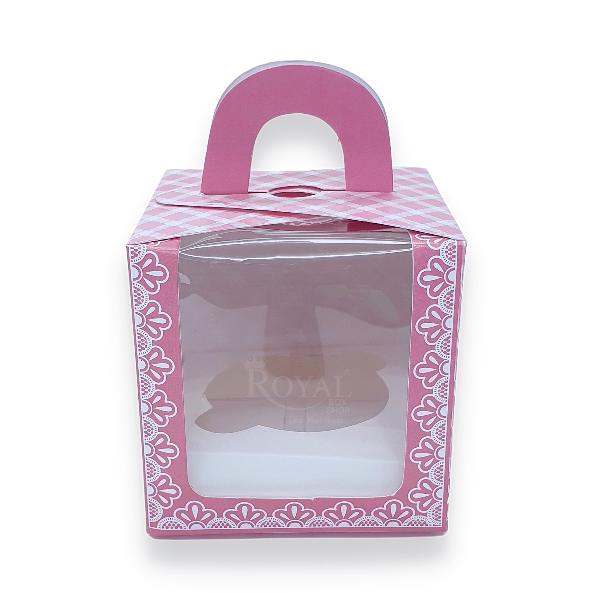 Single Cupcake Box With Window - Size 3.5"x3.5"x3.5" - Pink Check Royal Box Shop