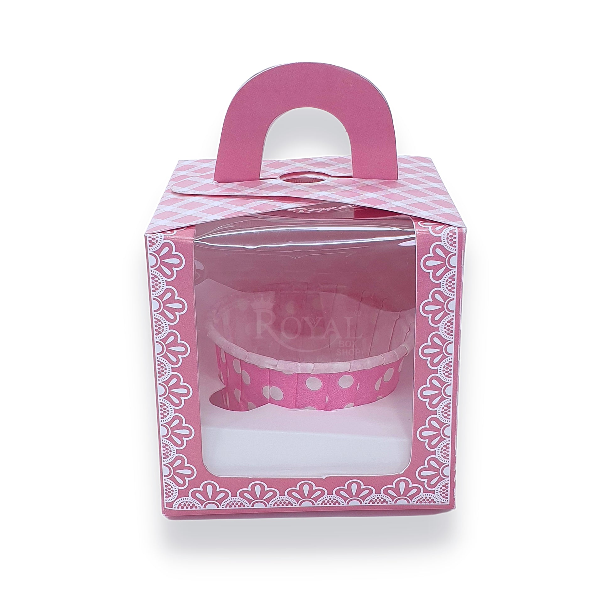 Single Cupcake Box With Window - Size 3.5"x3.5"x3.5" - Pink Check Royal Box Shop