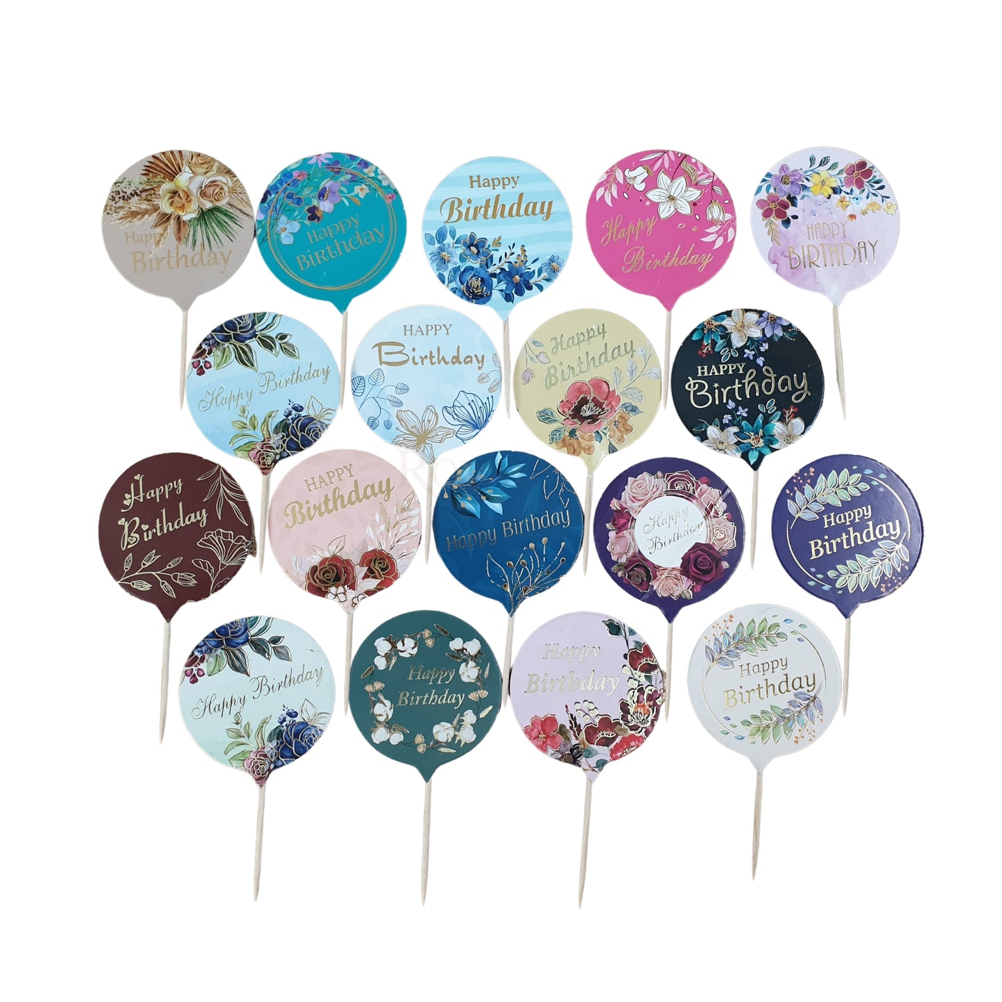 Premium Happy Birthday Cake Toppers I Round Shape Gold Foil Print I Mix Design