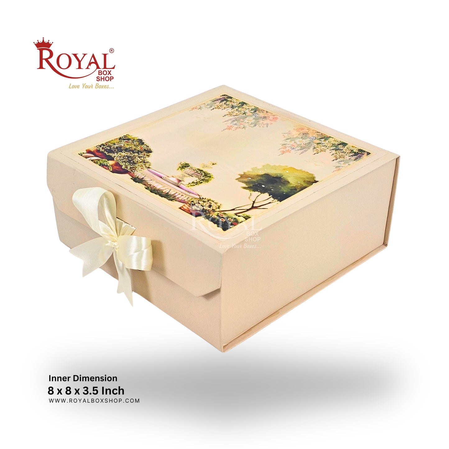 Royal Box Shop® Premium Rigid Gift Box I 8x8x3.5 Inch I Cream I Collapsible with Ribbon
