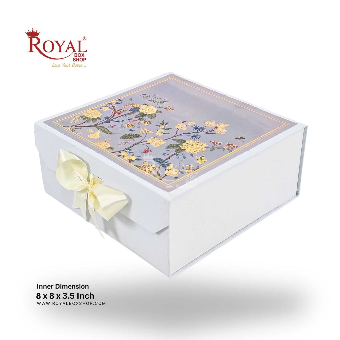 Royal Box Shop® Premium Rigid Gift Box I 8x8x3.5 Inch I Grey I Collapsible with Ribbon