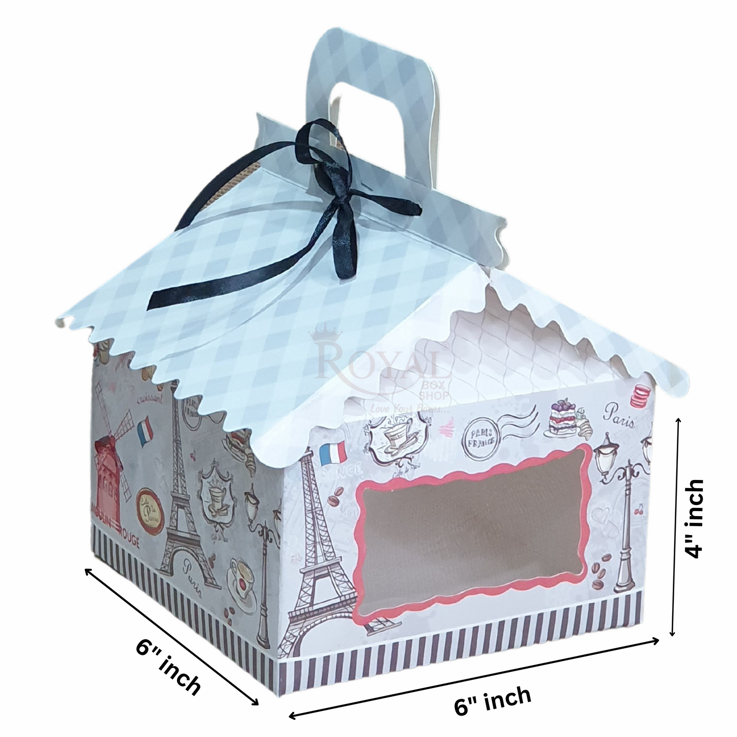 4cc Hut Shape Cupcake Boxes - 6"x6"x4" inch - Paris Grey Theme Royal Box Shop