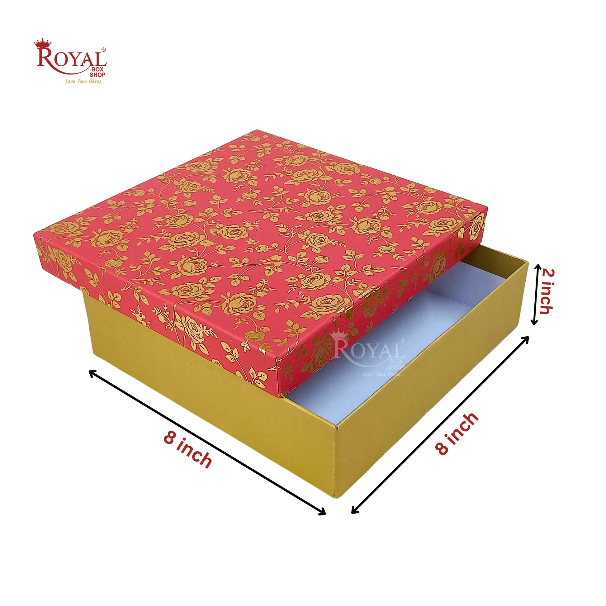 Rigid Hamper Boxes I 8"x8"x2" Inches I Red Color Golden Flower Foiling I Set Up Boxes Royal Box Shop
