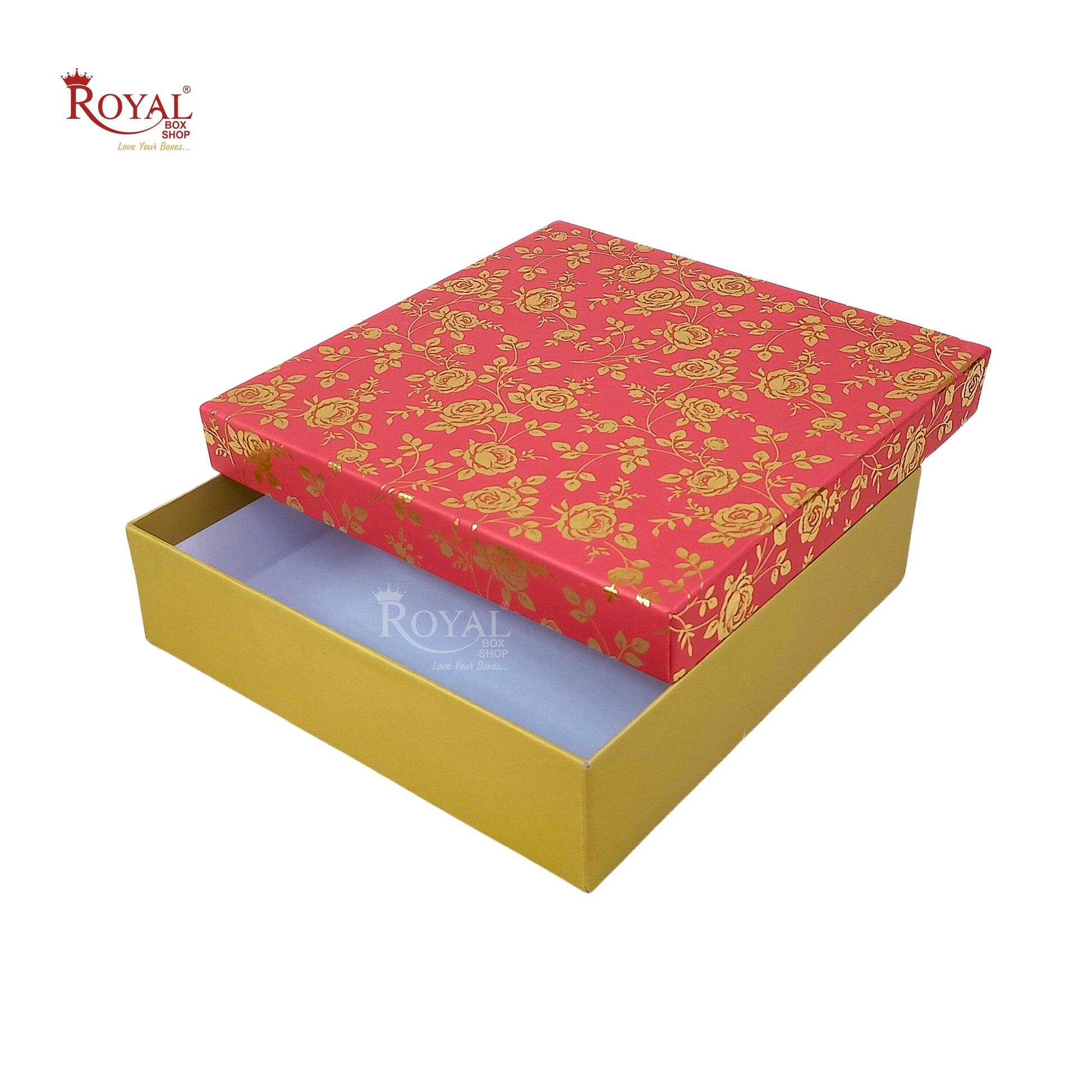 Rigid Hamper Boxes I 8"x8"x2" Inches I Red Color Golden Flower Foiling I Set Up Boxes Royal Box Shop