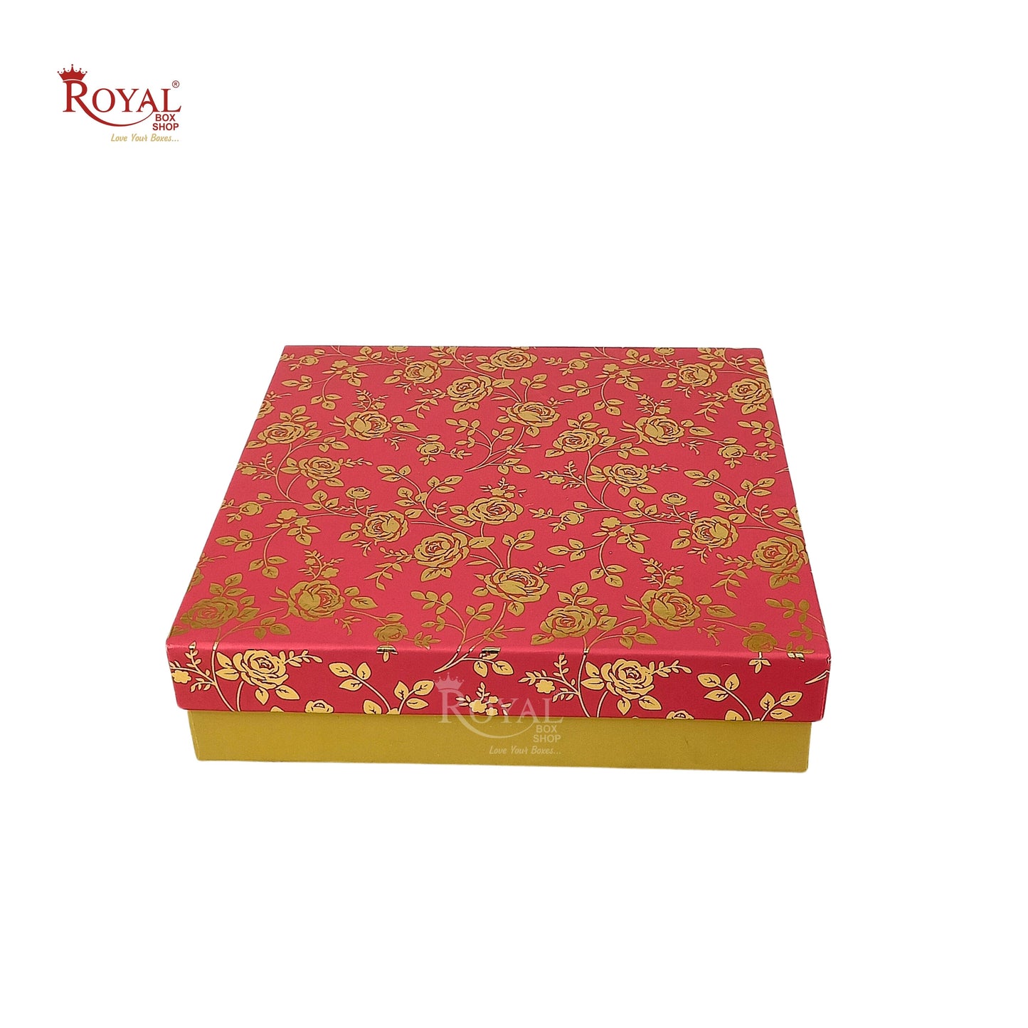 Rigid Hamper Boxes I 8"x8"x2" Inches I Red Color Golden Flower Foiling I Set Up Boxes Royal Box Shop