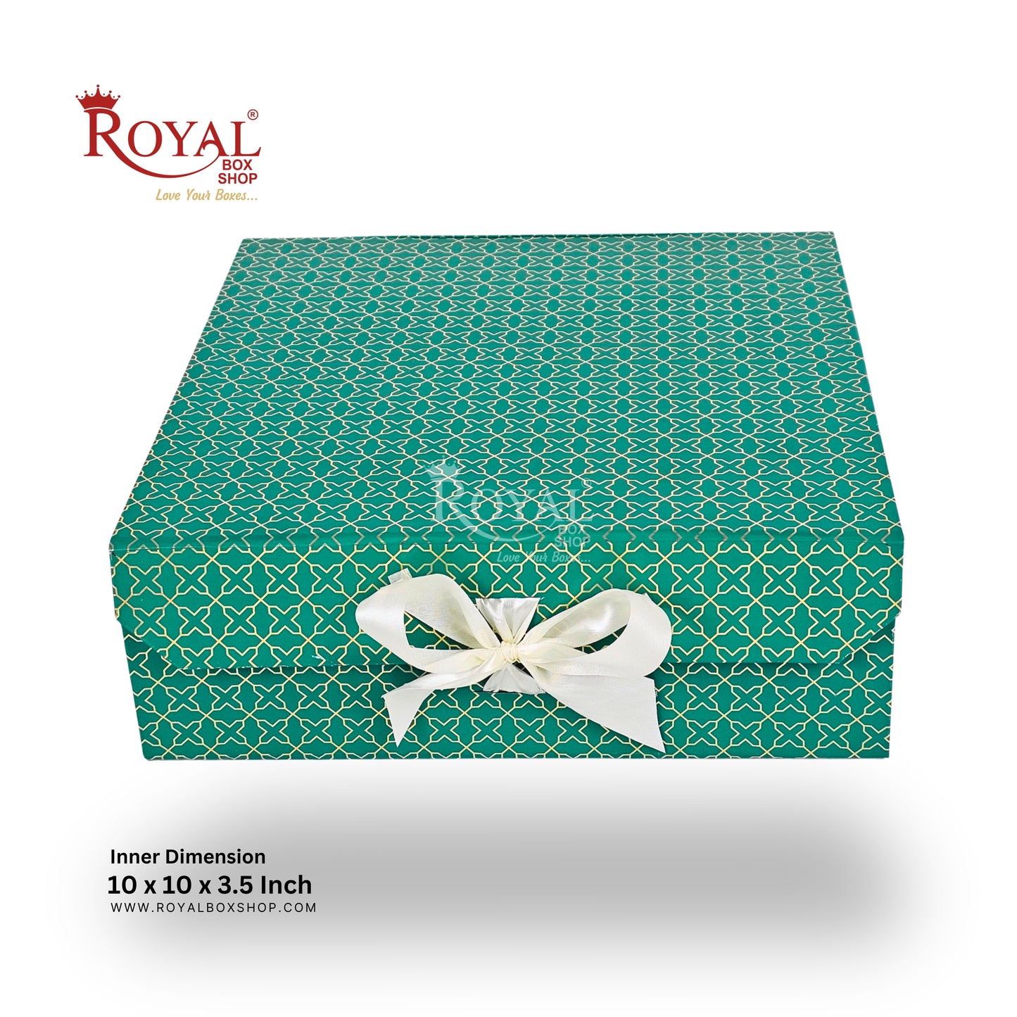 Royal Box Shop® Premium Rigid Gift Box I 10x10x3.5 Inch I Green I Collapsible with Ribbon
