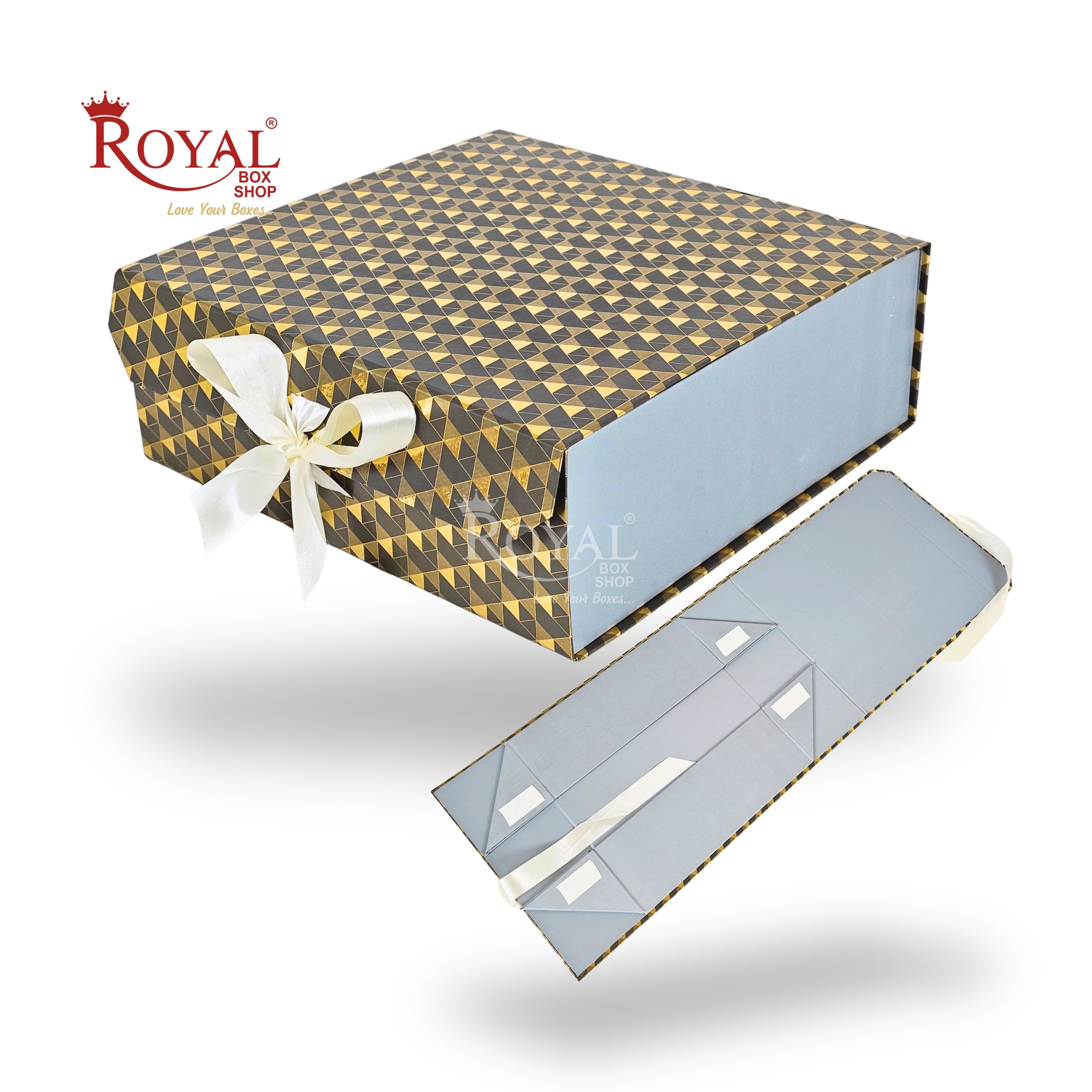 Collapsible Luxury Gift Box with Ribbon | Grey 10x10x3.5 I