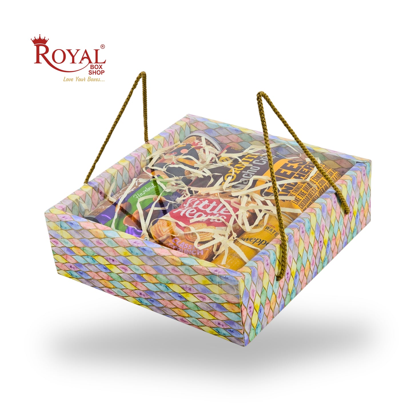 Premium Gift Hamper Bags with Transparent Lid I 10x10x3.5 inches I Multicolor