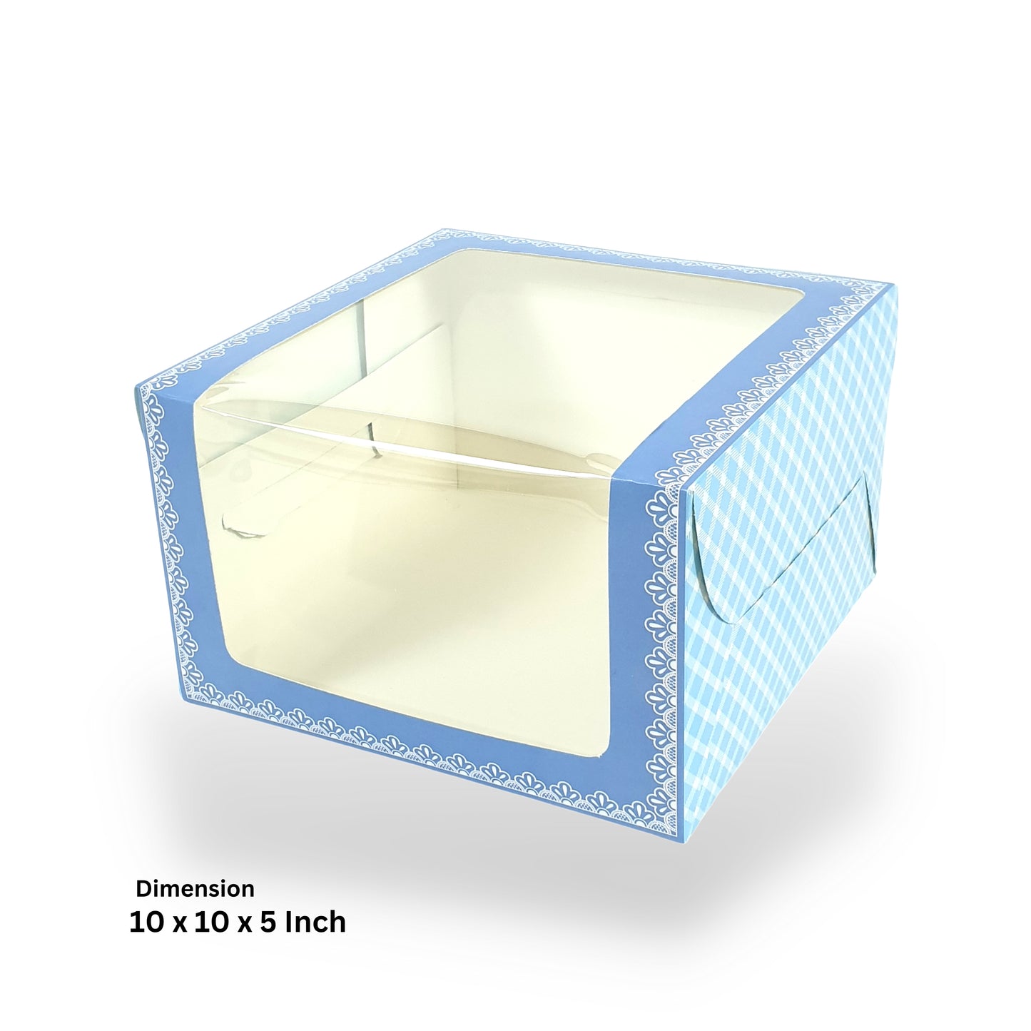 Cake Box with L-Shape Window I Blue Check I 10x10x5 Inch | B2B