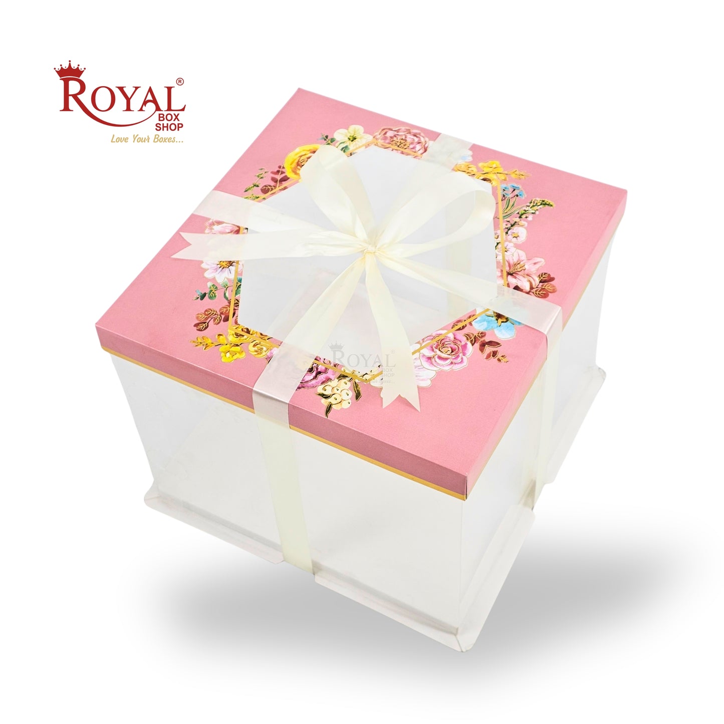 Tall Transparent Square Box with Ribbon I Pink I Perfect for Cakes & Gifts!