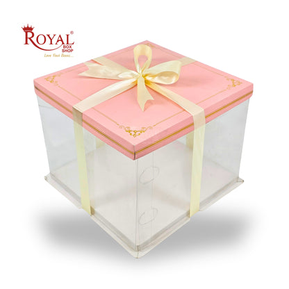 Tall Transparent Square Box with Ribbon I Pink I Perfect for Cakes & Gifts!