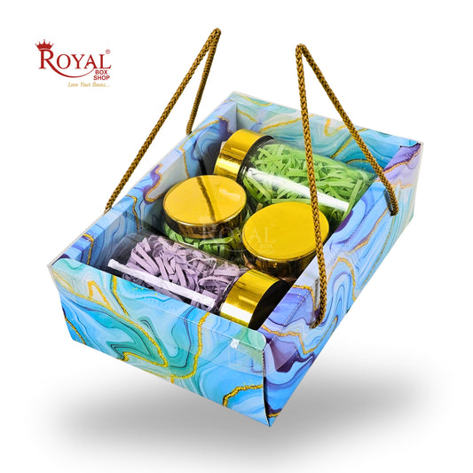Premium Gift Hamper Bags with Transparent Lid | 10x6.75x3.5 inches | Blue Marble Print
