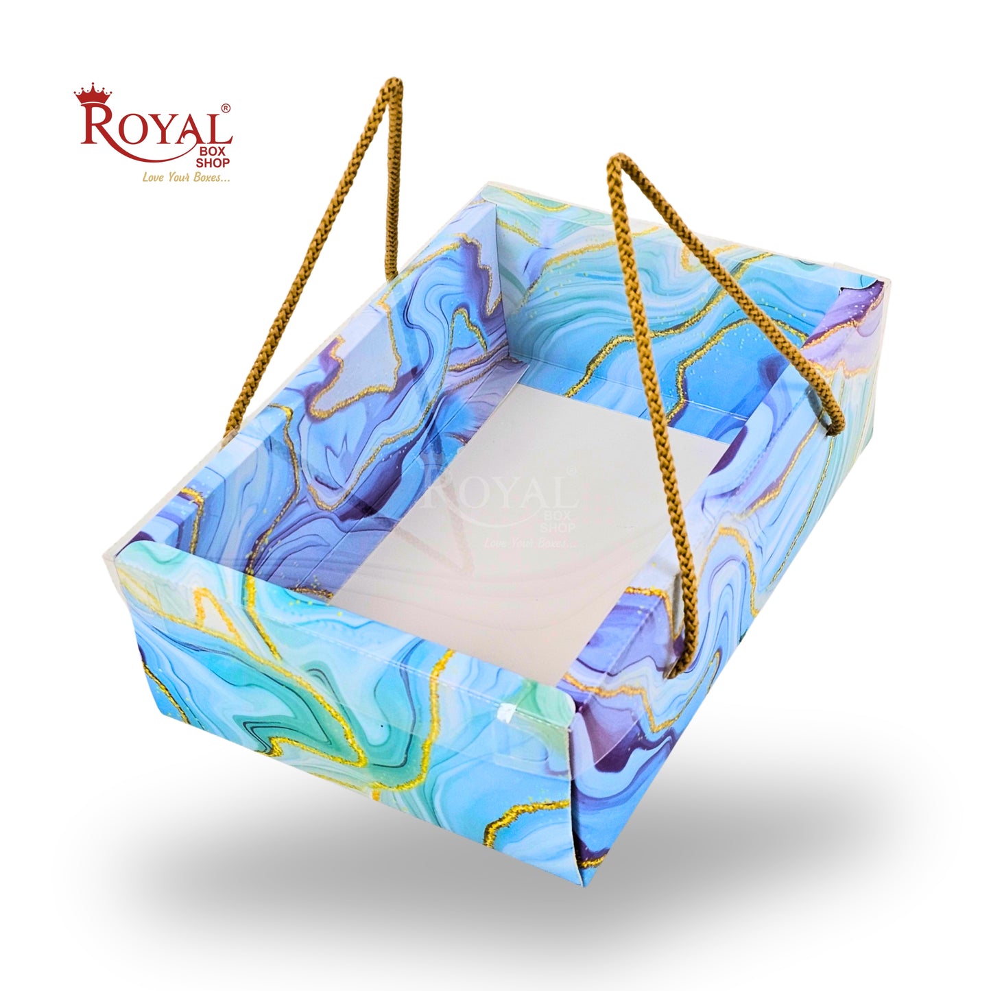Premium Gift Hamper Bags with Transparent Lid | 10x6.75x3.5 inches | Blue Marble Print