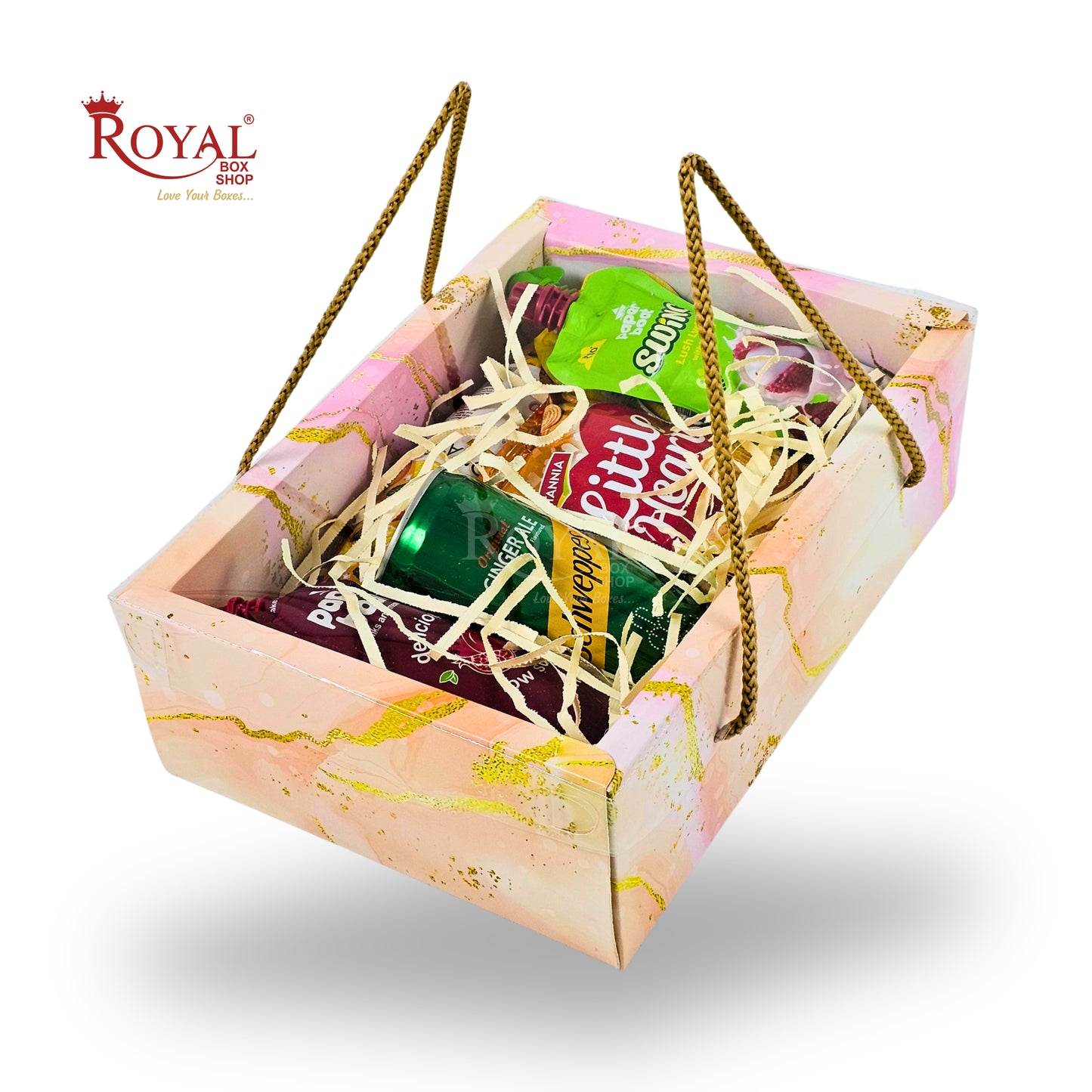 Premium Gift Hamper Bags with Transparent Lid | 10x6.75x3.5 inches | Pink Marble Print