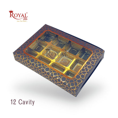 12 Cavity Chocolate Boxes I 7.5 x 5.5 x 1.25 inches I Black Hexa Golden Foiling I For Valentine, Rakhi, Return Gifts Royal Box Shop