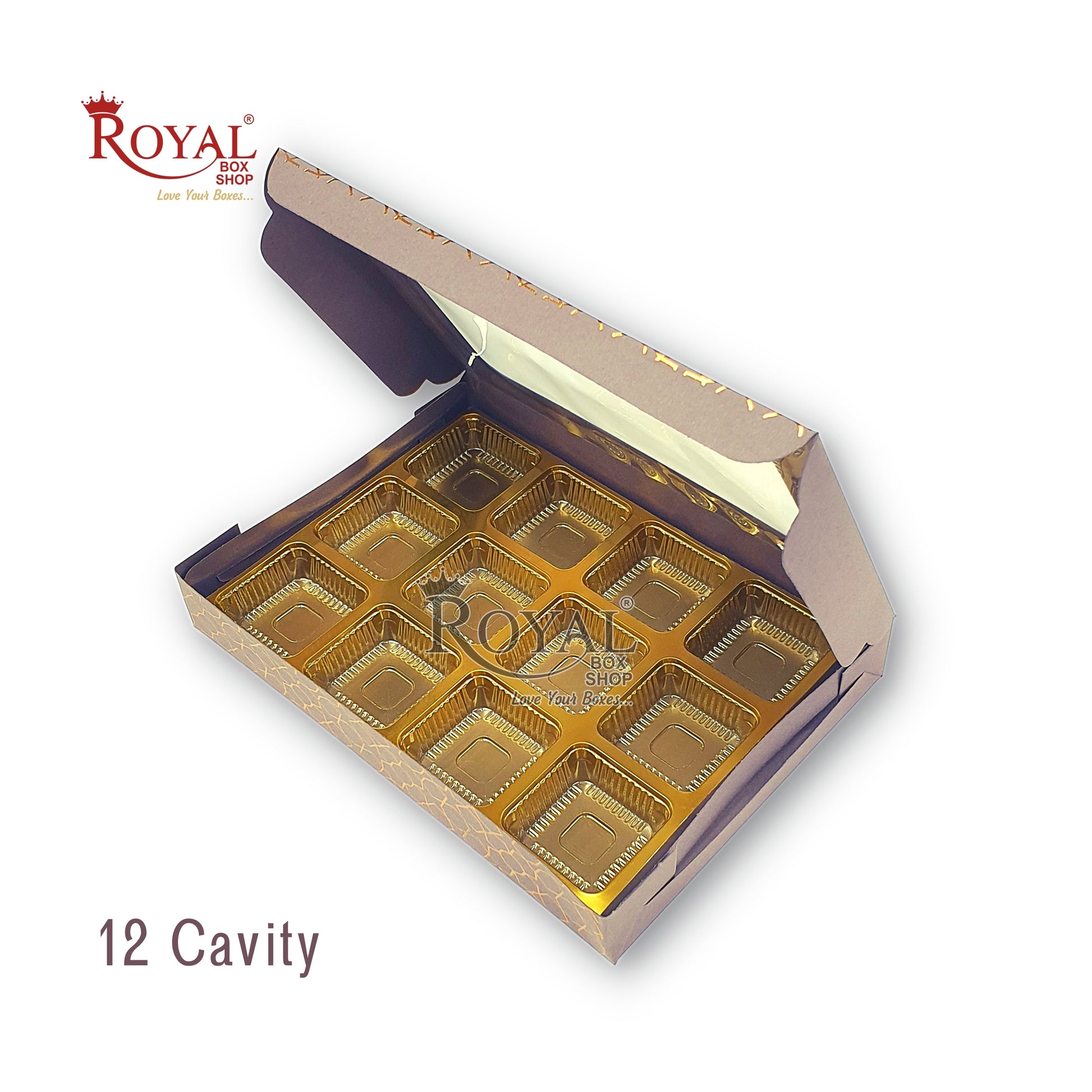 12 Cavity Chocolate Boxes I 7.5 x 5.5 x 1.25 inches I Brown Hexa Golden Foiling I For Valentine, Rakhi, Return Gifts Royal Box Shop