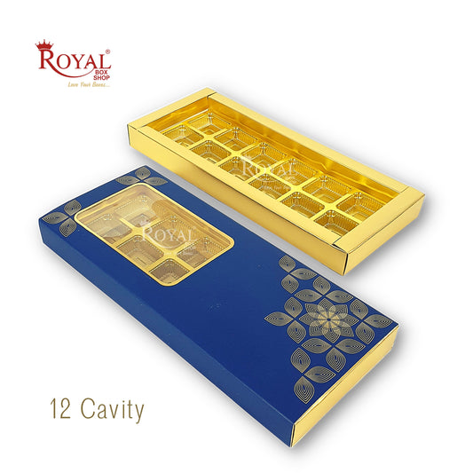 12 Cavity Chocolate Slider Boxes with Window I Blue Color I Gold Leaf Print I Diwali, Christmas, Wedding Return Gifts Royal Box Shop