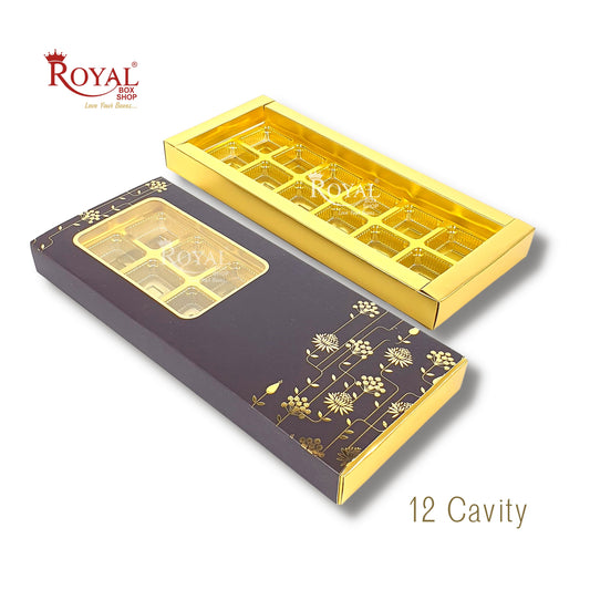 12 Cavity Chocolate Slider Boxes with Window I Dark Brown I Gold Leaf Print I Diwali, Christmas, Wedding Return Gifts Royal Box Shop