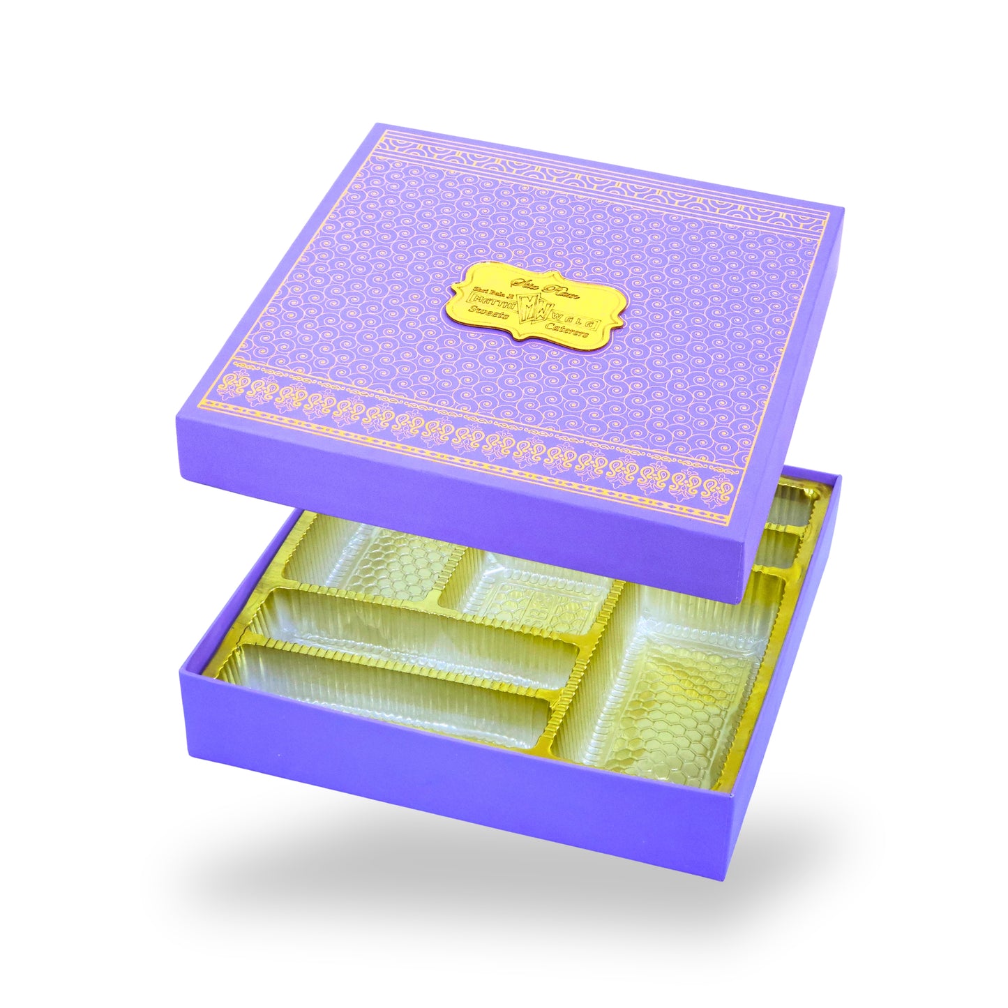Premium Wedding Favor Bhaji and Sweets Box | 10.5x10.5x2 Inch | Purple Swirl Print
