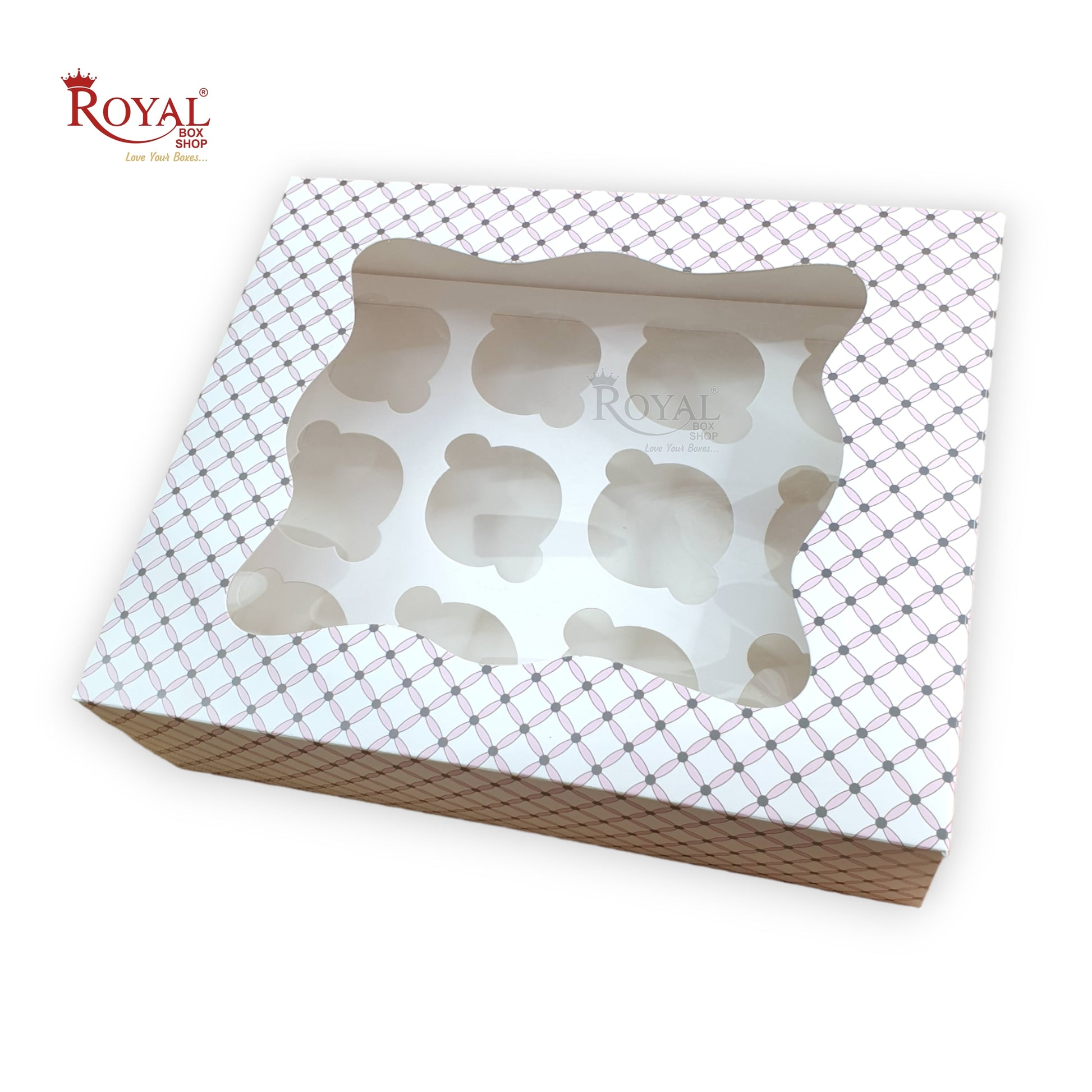 12pc Cupcake Box With Window - Size 10"x12"x4" - Pink Flower Check Print Royal Box Shop