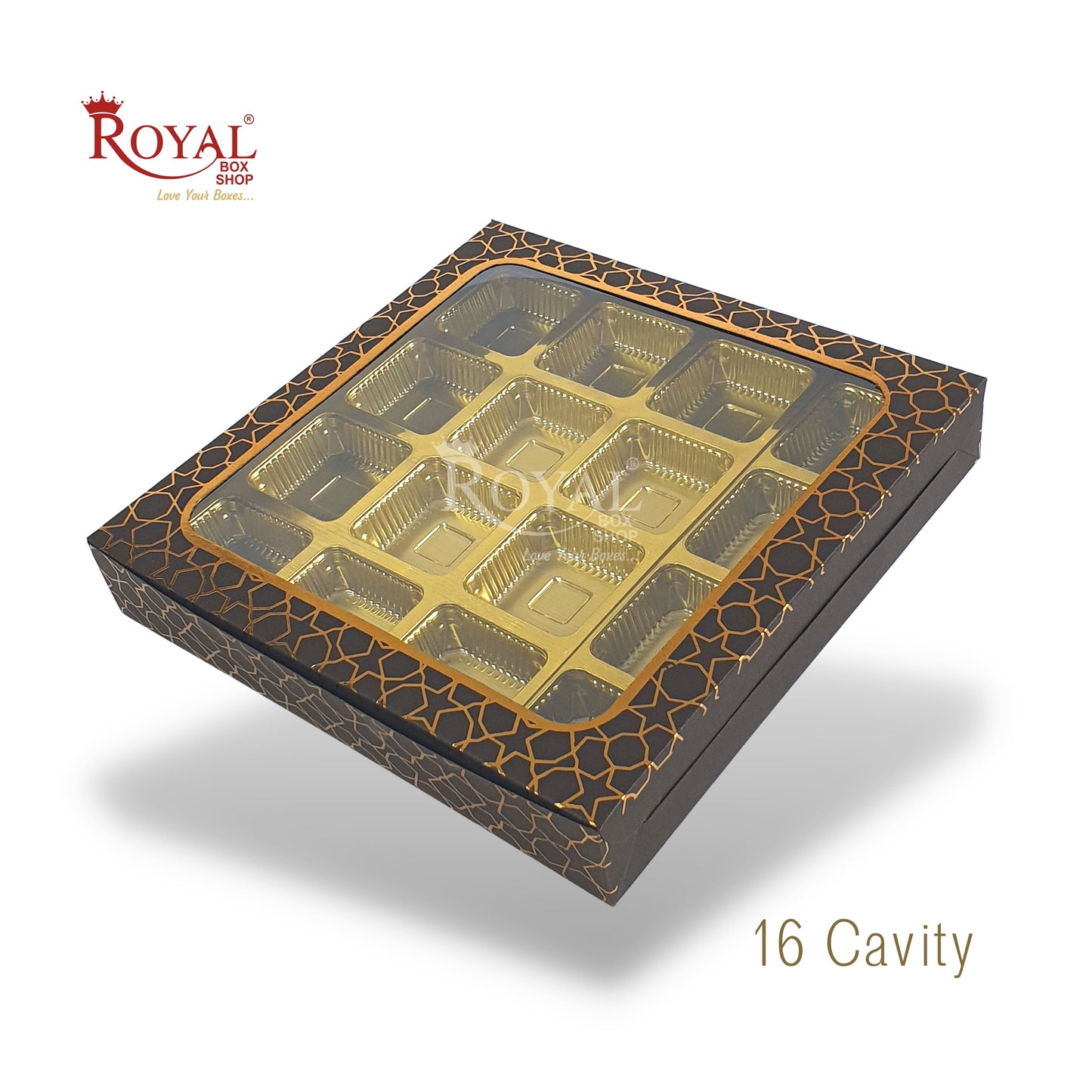 16 Cavity Chocolate Boxes - 7.5 x 7.5 x 1.25 inches - Hexa Golden Foiling - Black Royal Box Shop