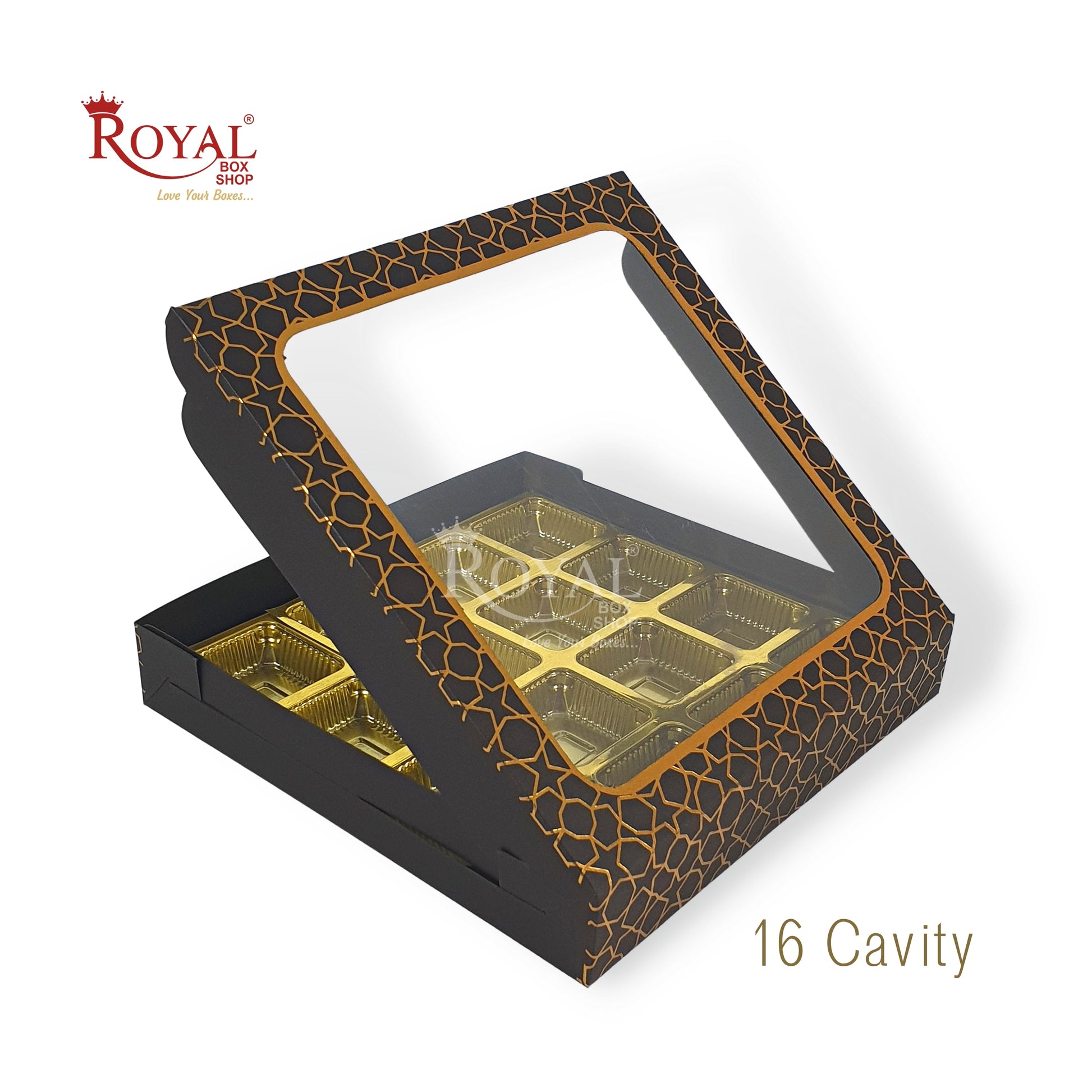 16 Cavity Chocolate Boxes - 7.5 x 7.5 x 1.25 inches - Hexa Golden Foiling - Black Royal Box Shop