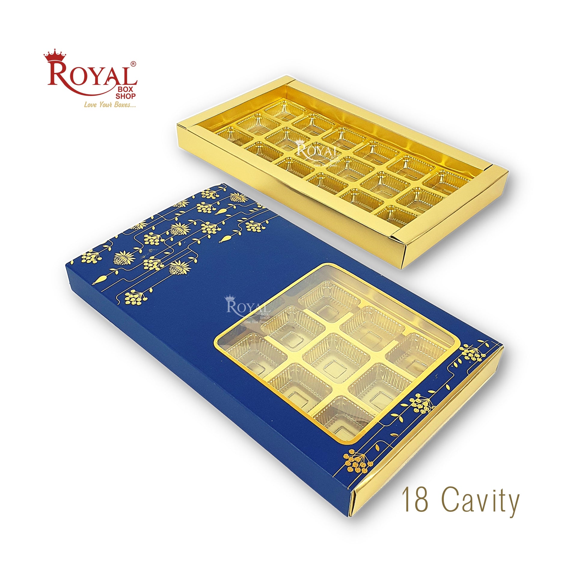 18 Cavity Chocolate Slider Boxes with Window I Blue Color I Gold Leaf Print I Diwali, Christmas, Wedding Return Gifts Royal Box Shop