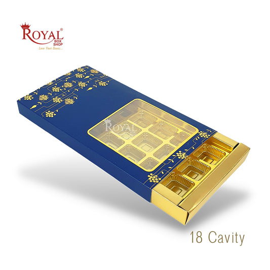 18 Cavity Chocolate Slider Boxes with Window I Blue Color I Gold Leaf Print I Diwali, Christmas, Wedding Return Gifts Royal Box Shop