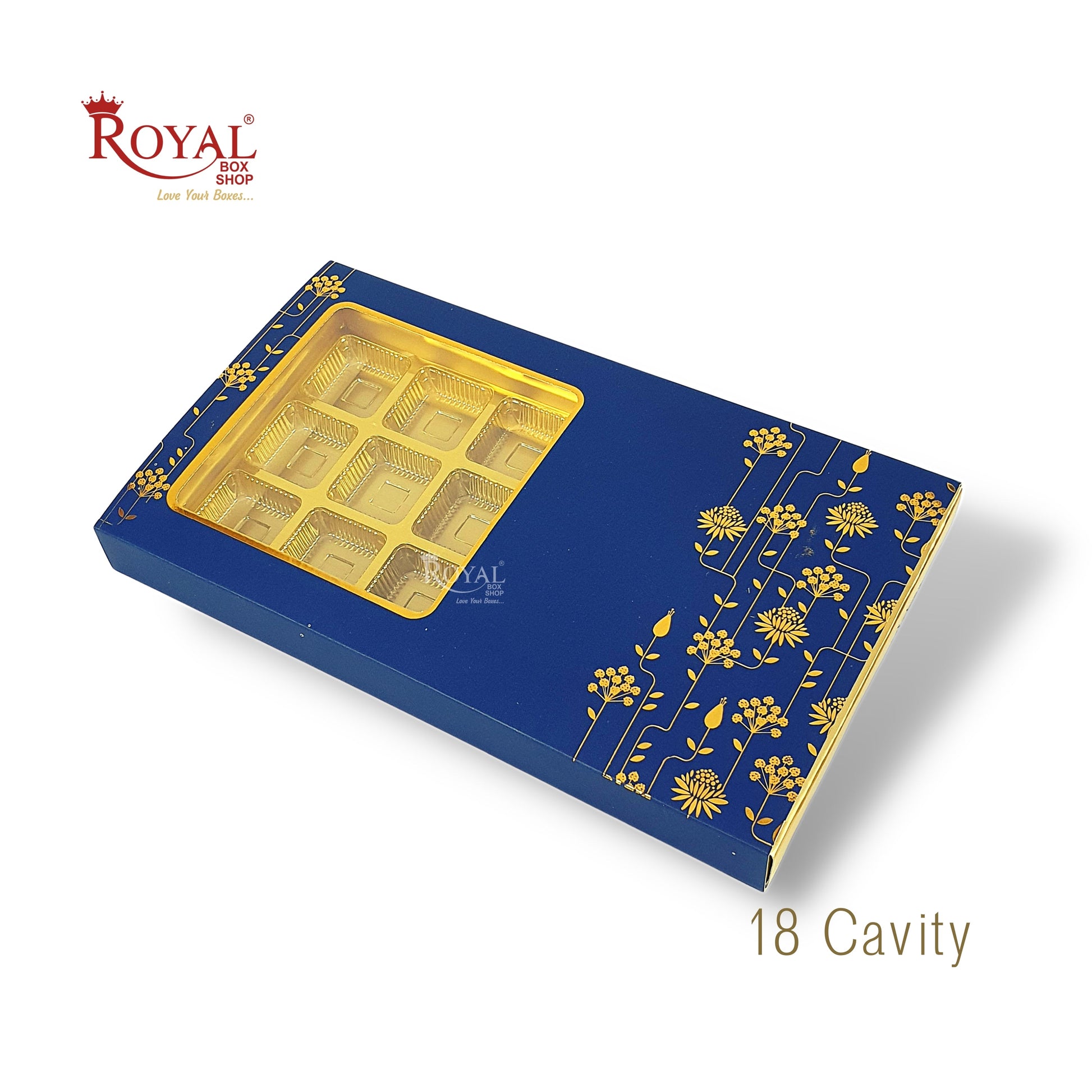18 Cavity Chocolate Slider Boxes with Window I Blue Color I Gold Leaf Print I Diwali, Christmas, Wedding Return Gifts Royal Box Shop