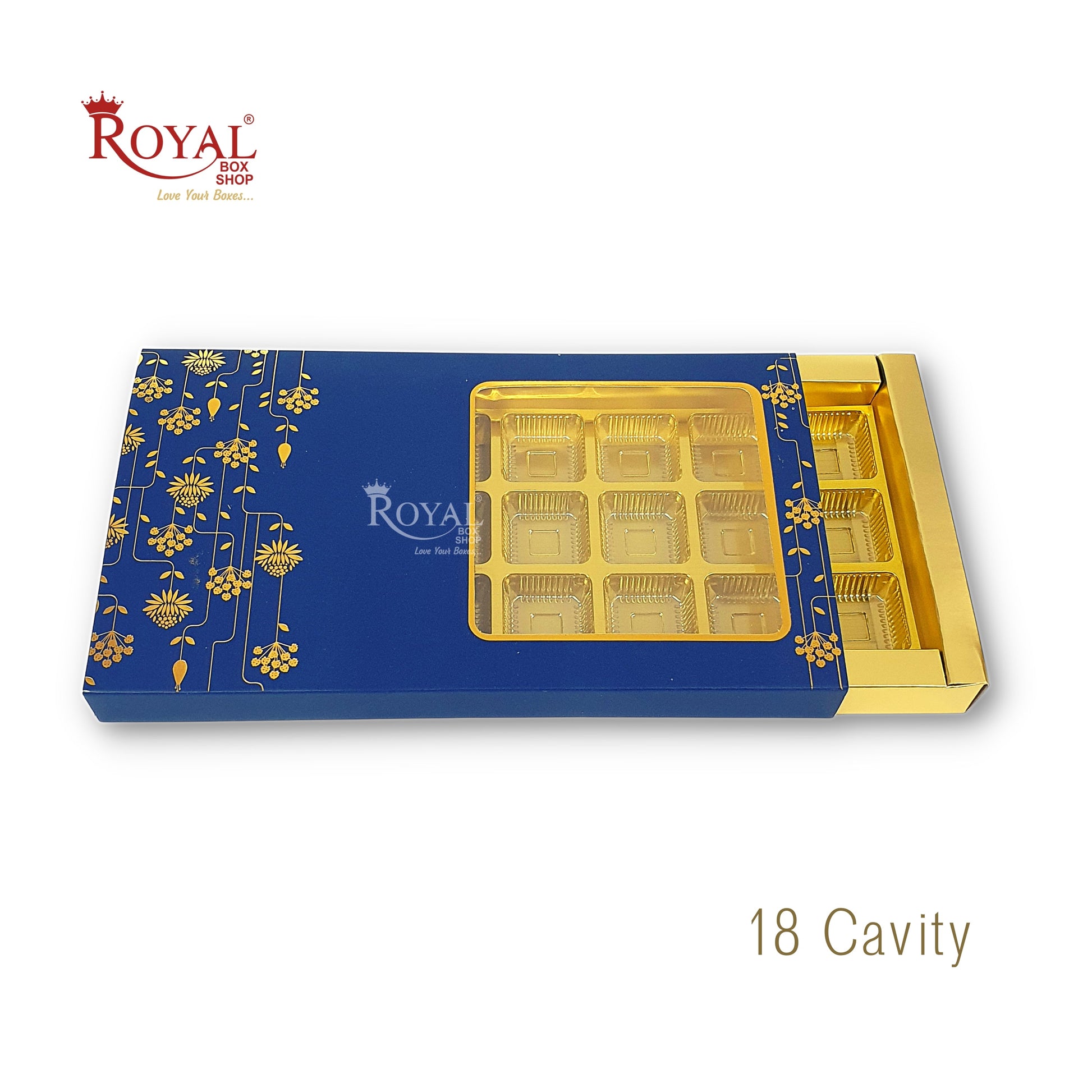 18 Cavity Chocolate Slider Boxes with Window I Blue Color I Gold Leaf Print I Diwali, Christmas, Wedding Return Gifts Royal Box Shop