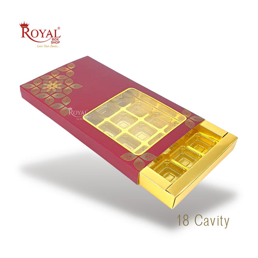 18 Cavity Chocolate Slider Boxes with Window I Maroon Color I Gold Leaf Print I Christmas Gift , Wedding Return Gifts Royal Box Shop