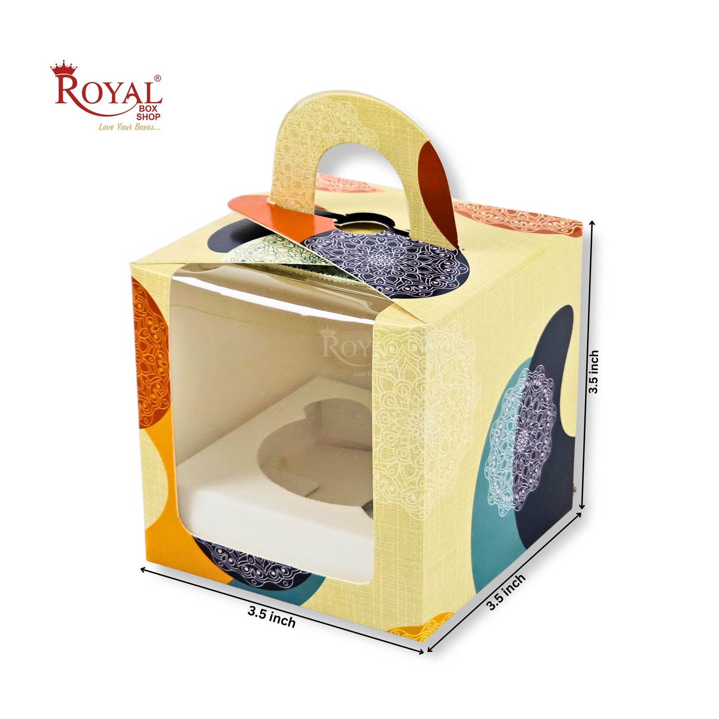 1pc Cupcake Box with Window | 3.5x3.5x3.5 Inch | Cream Mandala Print