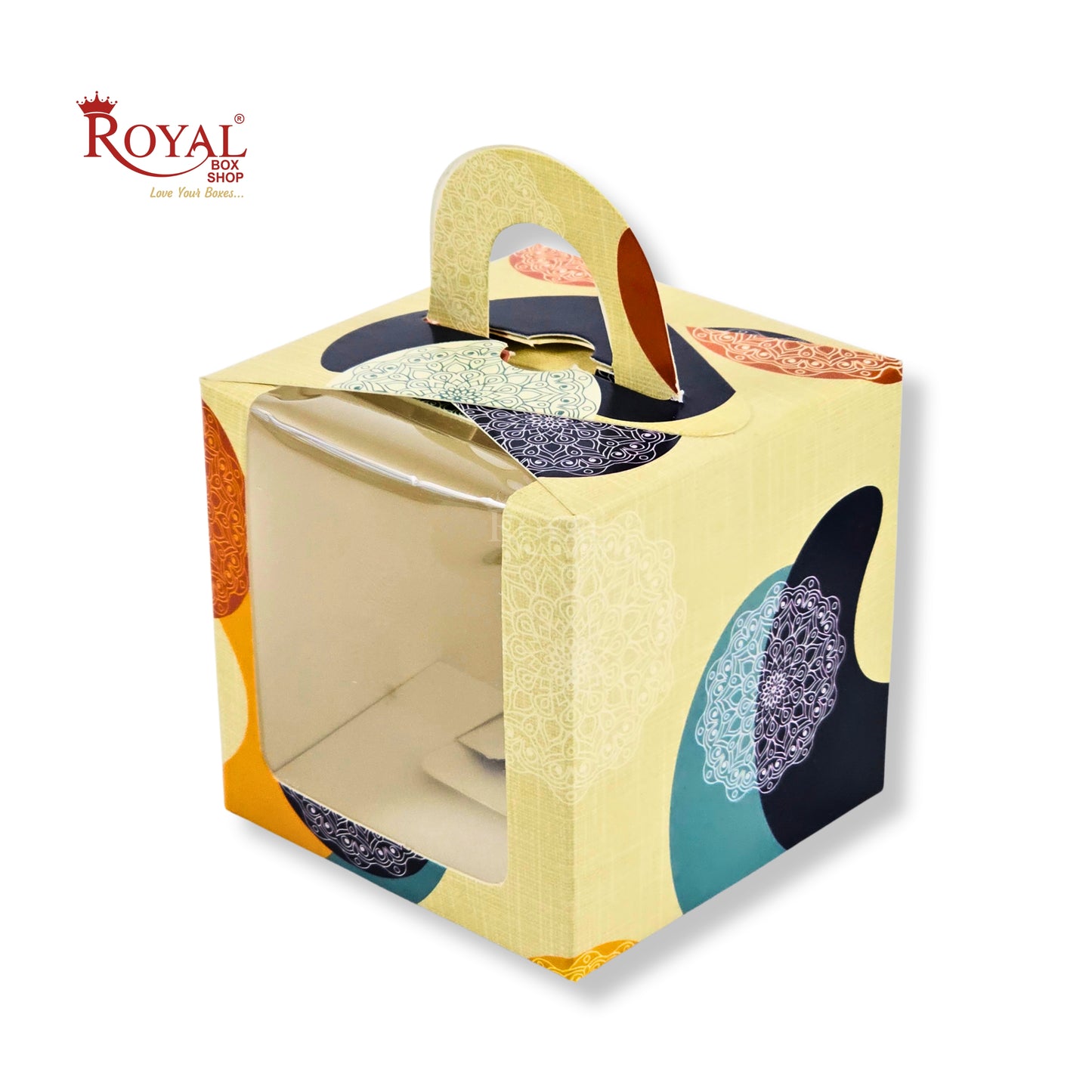 1pc Cupcake Box with Window | 3.5x3.5x3.5 Inch | Cream Mandala Print