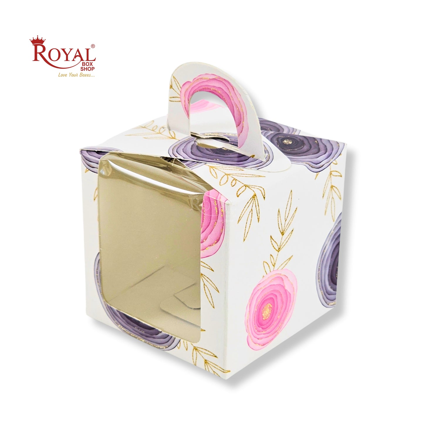 1pc Cupcake Box with Window | 3.5x3.5x3.5 Inch | White with Pink Flower