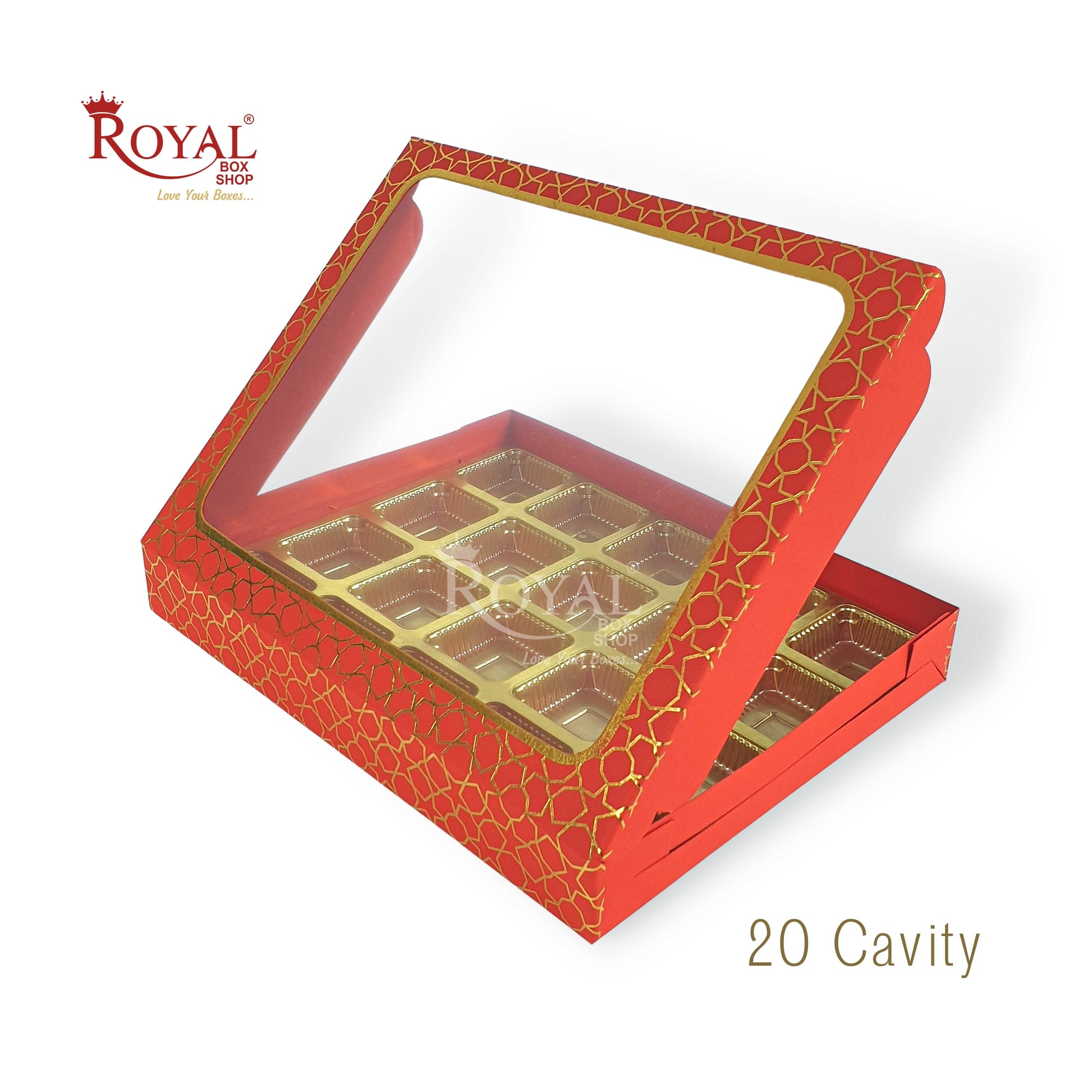 20 Cavity Chocolate Boxes I 9.5 x 7.5 x 1.25 inches I Red Hexa Golden Foiling I For Valentine, Rakhi, Return Gifts Royal Box Shop