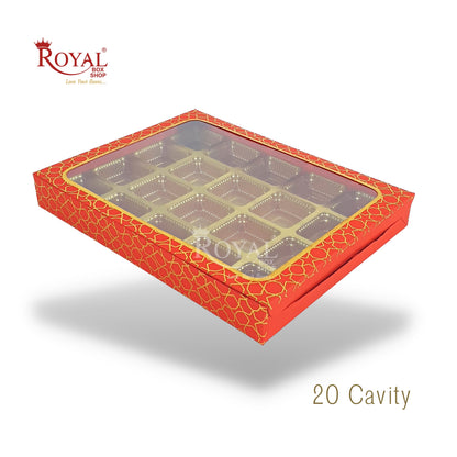 20 Cavity Chocolate Boxes I 9.5 x 7.5 x 1.25 inches I Red Hexa Golden Foiling I For Valentine, Rakhi, Return Gifts Royal Box Shop