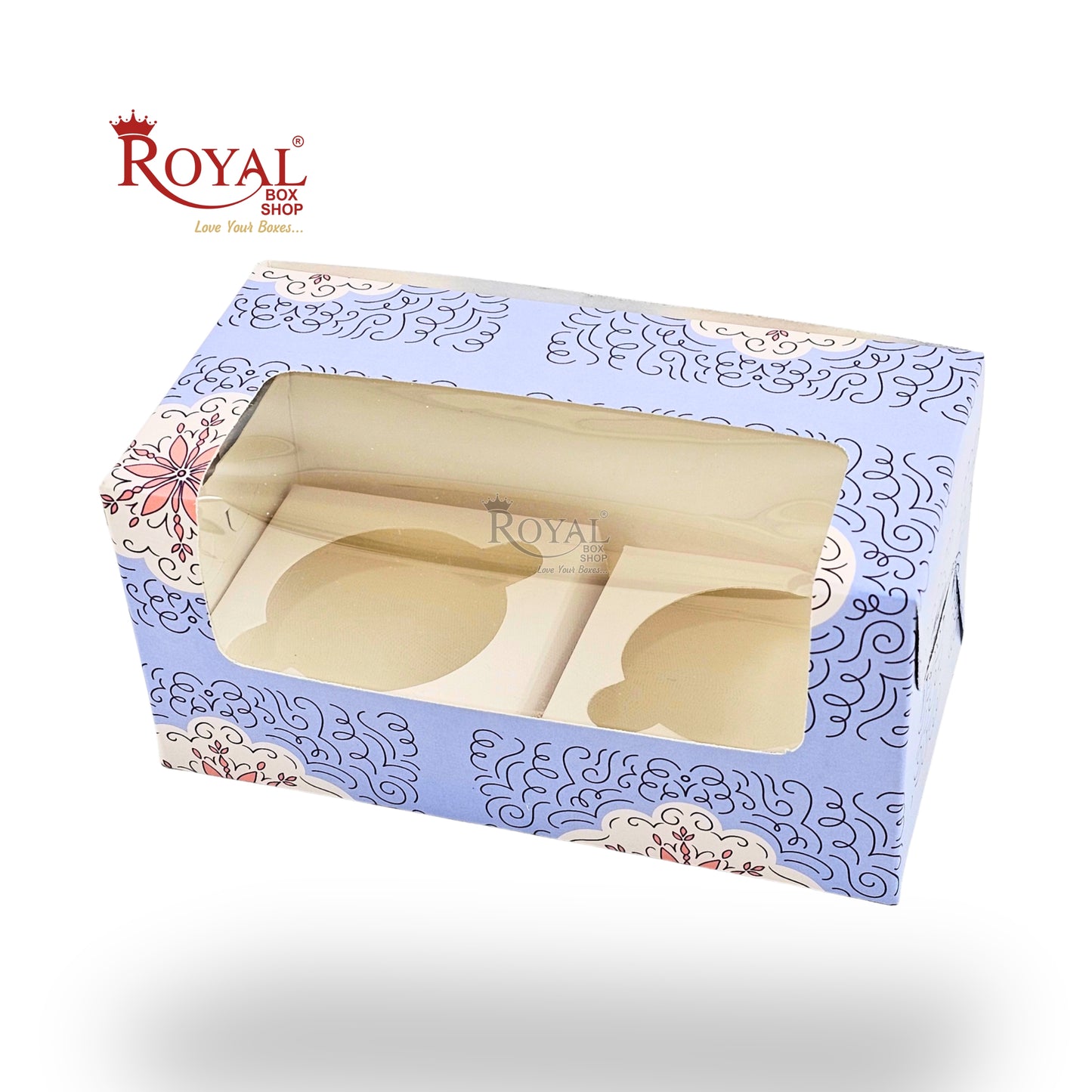 2pc Cupcake Box With Window |  7x3.5x3.5 Inch | Blue Swirl Print | B2B