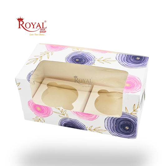 2pc Cupcake Box With Window |  7x3.5x3.5 Inch | White Floral Print | B2B