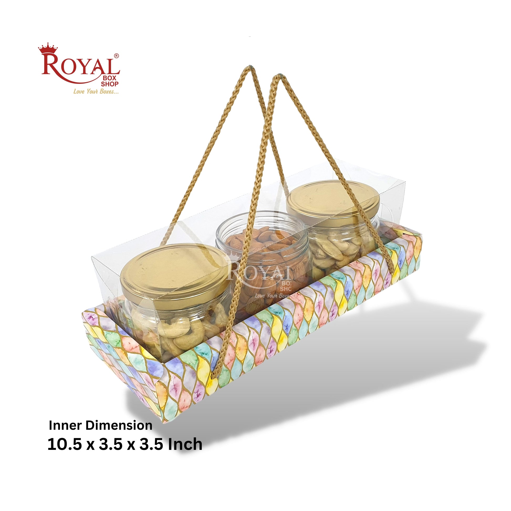 3 Mason Jar Gift Hamper Box With Thread I 10.5x3.5x3.5 Inches I Multicolor Print I Diwali Gifting, Wedding, Birthday Return Gift Boxes Royal Box Shop