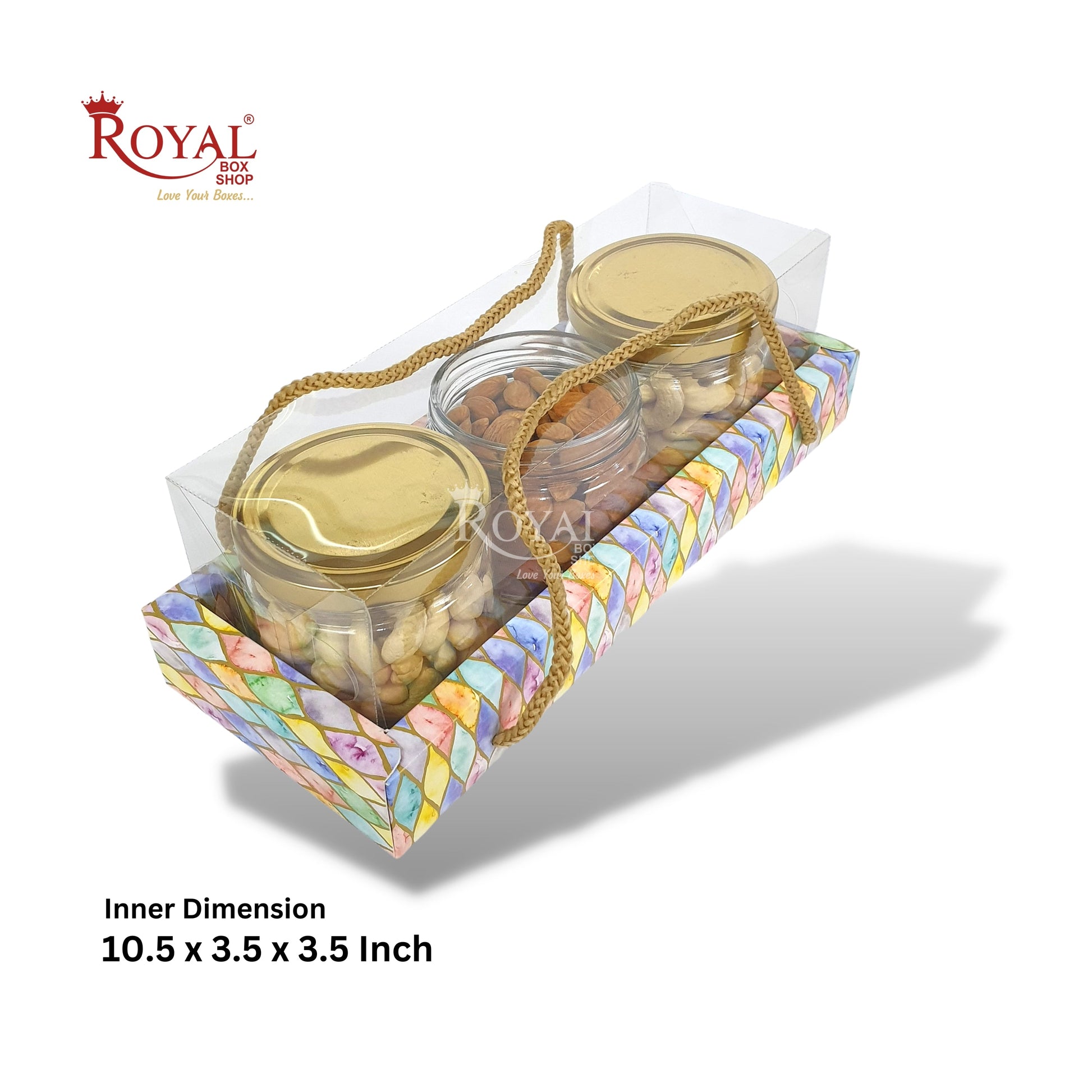 3 Mason Jar Gift Hamper Box With Thread I 10.5x3.5x3.5 Inches I Multicolor Print I Diwali Gifting, Wedding, Birthday Return Gift Boxes Royal Box Shop