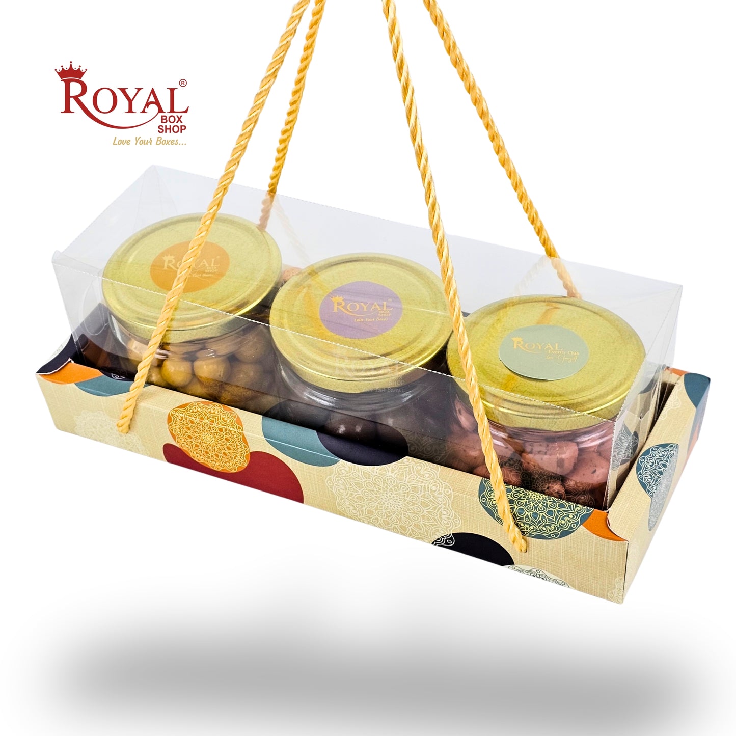 3 Mason Jar Gift Hamper Box With Thread | 10.5x3.5x3.5 Inches | Cream Mandala Print