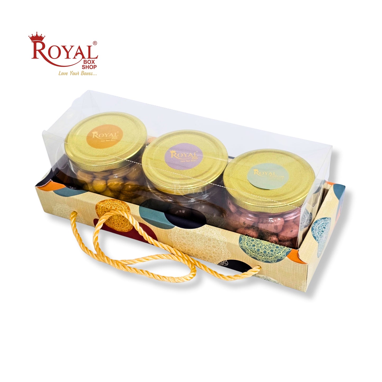 3 Mason Jar Gift Hamper Box With Thread | 10.5x3.5x3.5 Inches | Cream Mandala Print