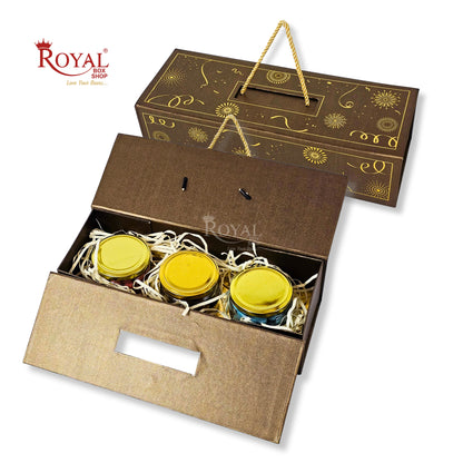 Premium 3 Jar Rigid Hamper Box I RBK-162 I Brown with Golden Foiling Print