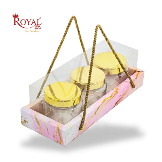3 Mason Jar Gift Hamper Box With Thread | 10.5x3.5x3.5 Inches | Pink Marble Print