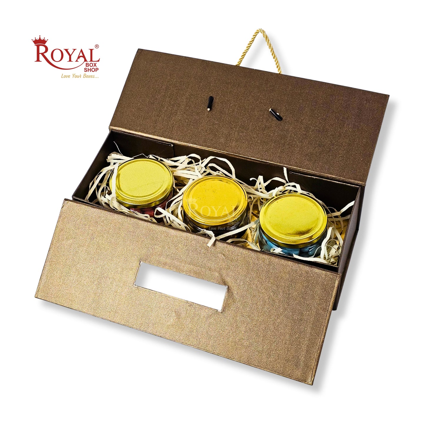 Premium 3 Jar Rigid Hamper Box I RBK-162 I Brown with Golden Foiling Print