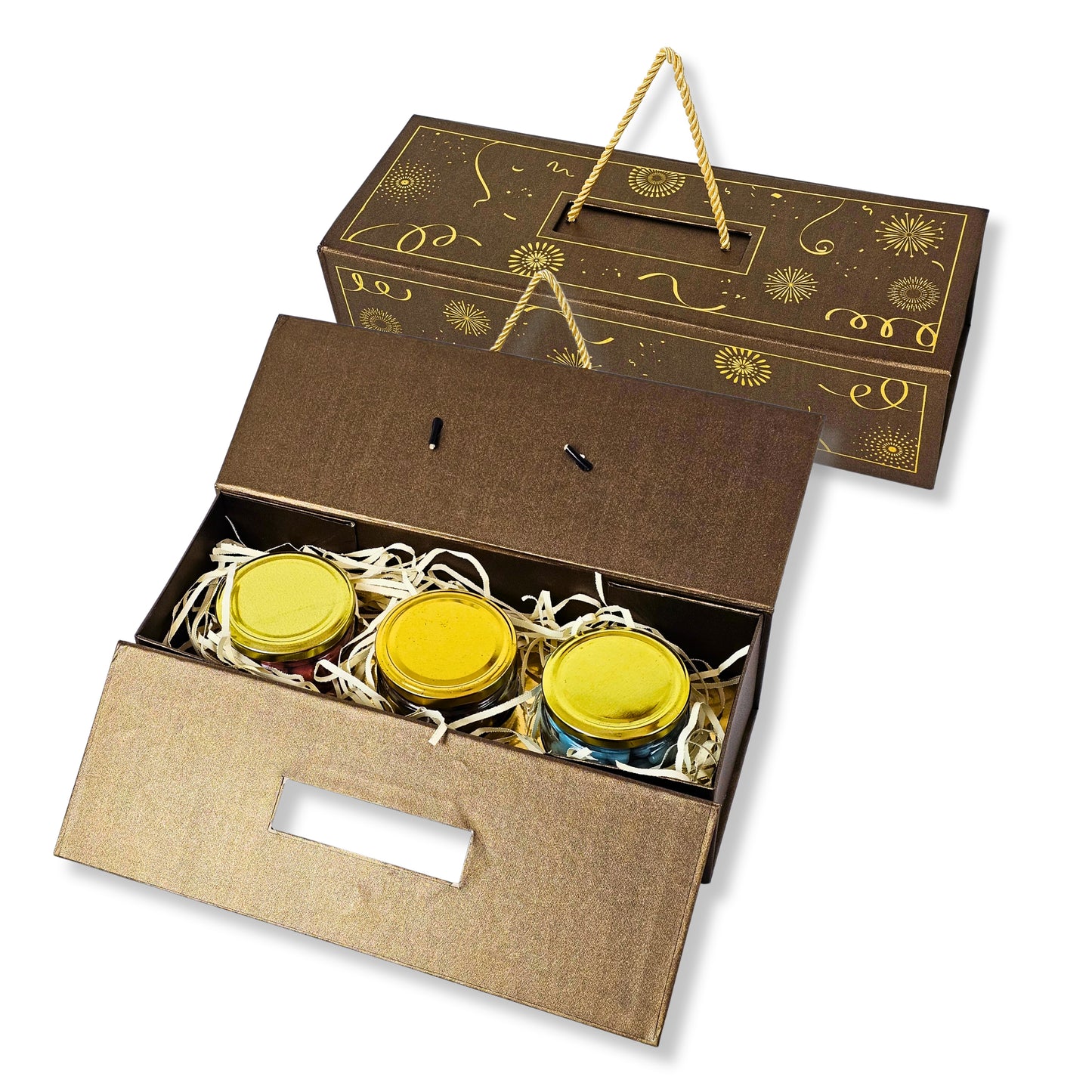 Premium 3 Jar Rigid Hamper Box I RBK-162 I Brown with Golden Foiling Print