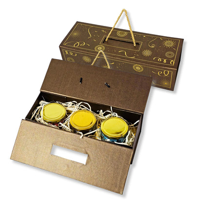 Premium 3 Jar Rigid Hamper Box I RBK-162 I Brown with Golden Foiling Print
