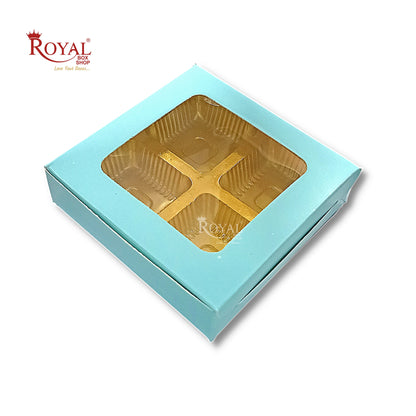 4 Cavity Chocolate Boxes with Window - 3.75 x 3.75 x 1 inches - Blue Royal Box Shop